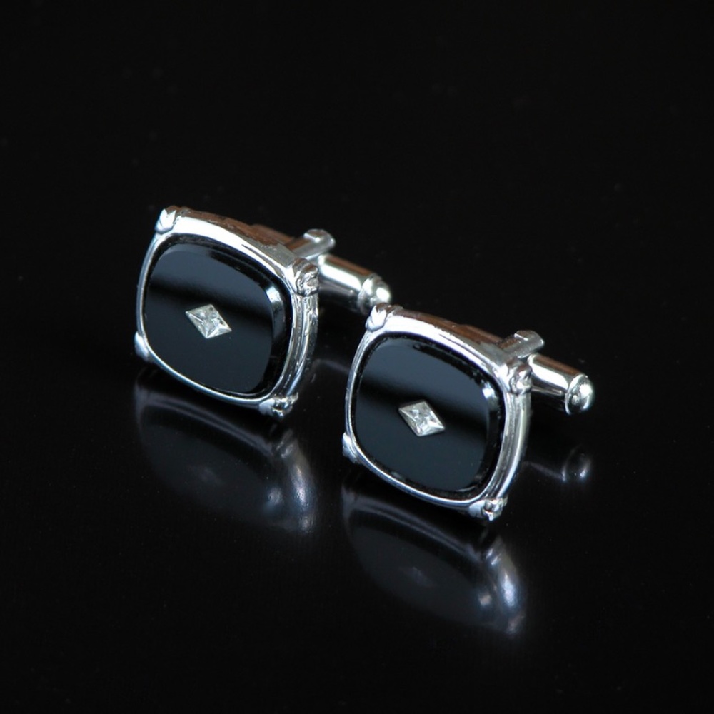 Vtg Modern Black Onyx Jeweled Cufflinks Silver